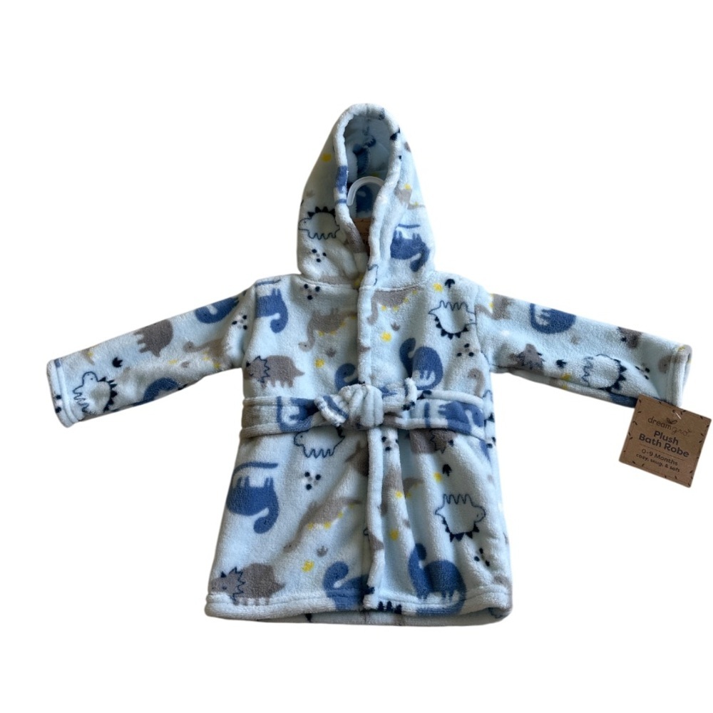 Baby 0-9 Months Blue Bath Robe Hooded  Dinosaur Print Soft Cozy Belted